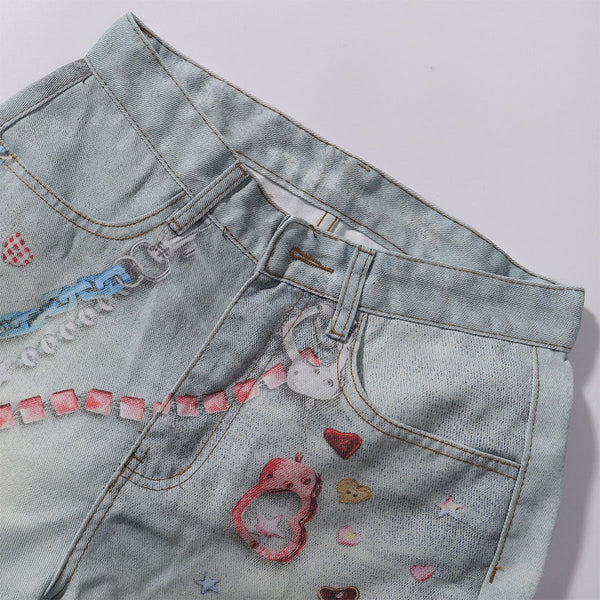 Vintage Digital Print Faux Denim Jeans