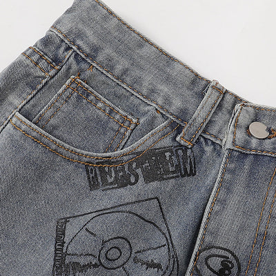 Street Style Graphic Print Relaxed Denim Shorts