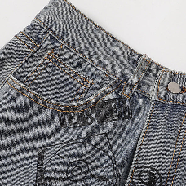 Street Style Graphic Print Relaxed Denim Shorts