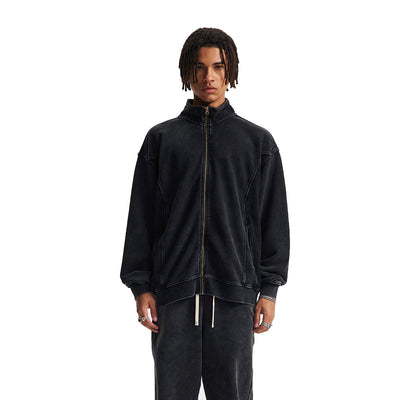 Stand Collar Panel Detail Washed Zip Up Sweatshirt