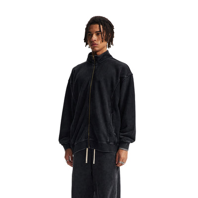 Stand Collar Panel Detail Washed Zip Up Sweatshirt