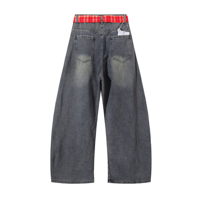 Plaid Trim Star Patched Wide Leg Denim Jeans