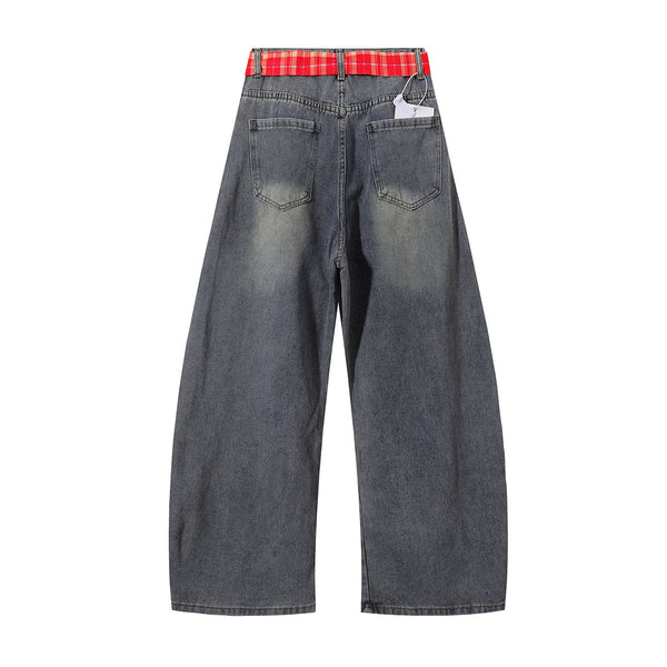 Plaid Trim Star Patched Wide Leg Denim Jeans