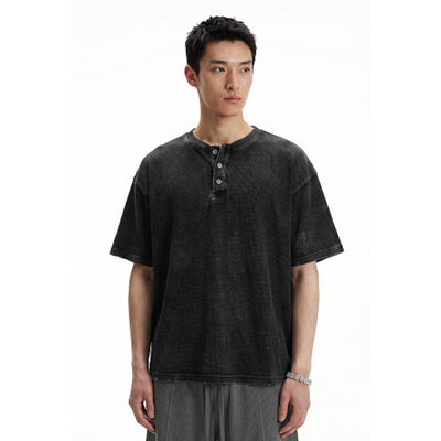 Casual Waffle Fabric Button Neck T-Shirt