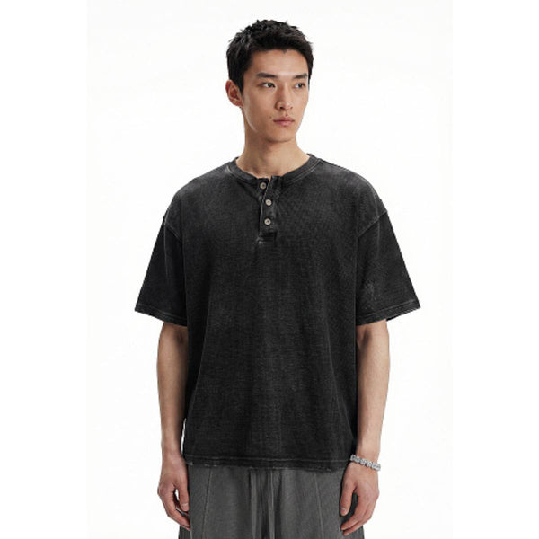 Casual Waffle Fabric Button Neck T-Shirt