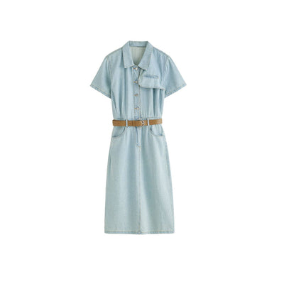 Pleated Short Sleeve Midi Denim Shirtdress
