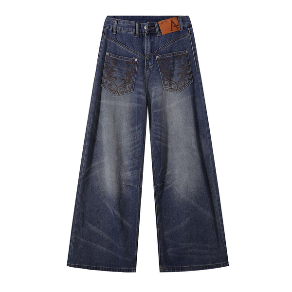 Front Pocket Embroidered Washed Wide Leg Jeans