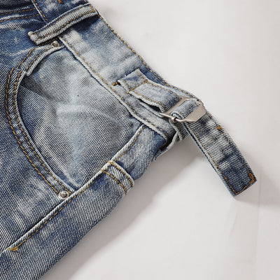 Adjustable Side Strap Distressed High Waist Shorts