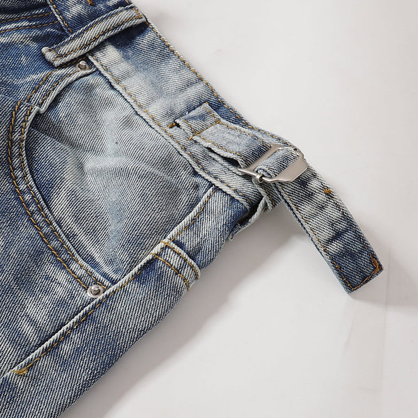 Adjustable Side Strap Distressed High Waist Shorts