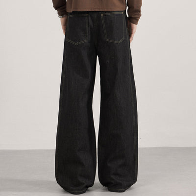Contrast Stitching Wide Leg Dark Wash Denim Jeans