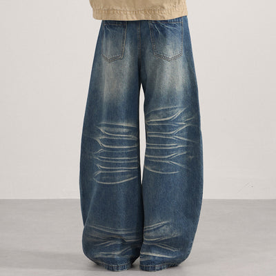 Wide Leg Vintage Washed Distressed Denim Pants