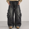 Cargo Wide Leg Distressed Wash Denim Jeans