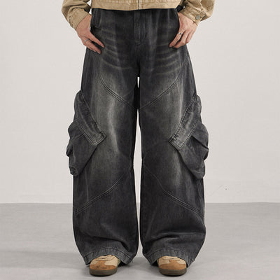 Cargo Wide Leg Distressed Wash Denim Jeans
