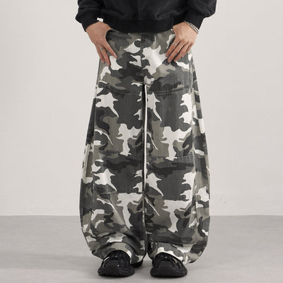Utility Style Camo Print Wide Leg Cargo Pants