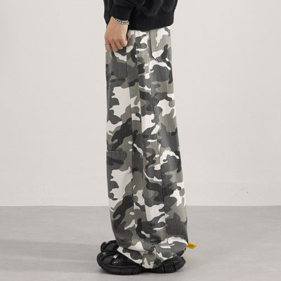 Utility Style Camo Print Wide Leg Cargo Pants