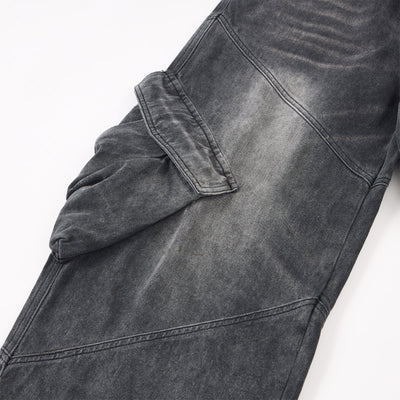 Cargo Wide Leg Distressed Wash Denim Jeans