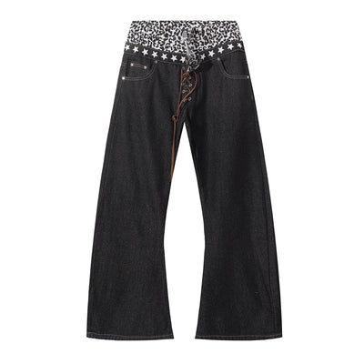 Star Pattern Lace Up High Waist Denim Jeans