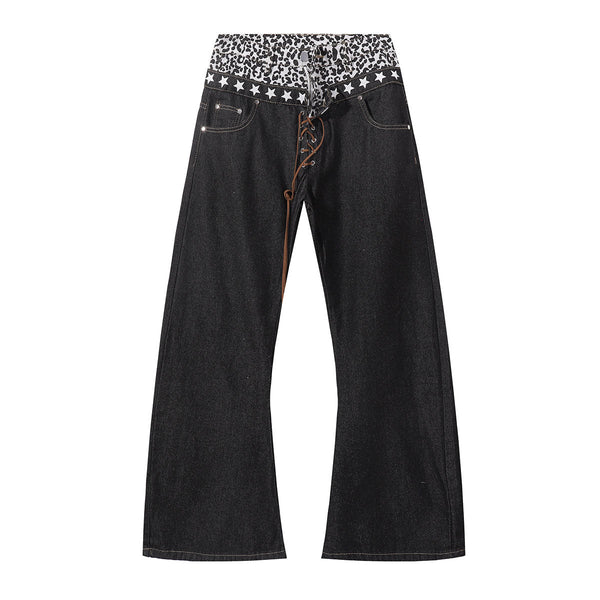 Star Pattern Lace Up High Waist Denim Jeans