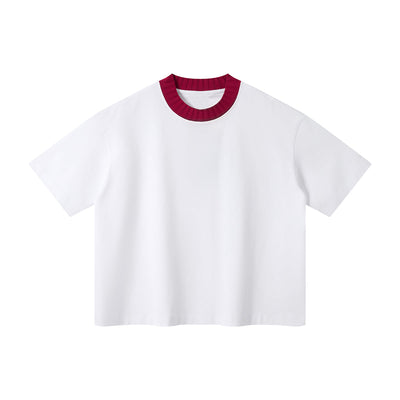 Oversized Color-Block Ribbed Collar Comfortable Tee