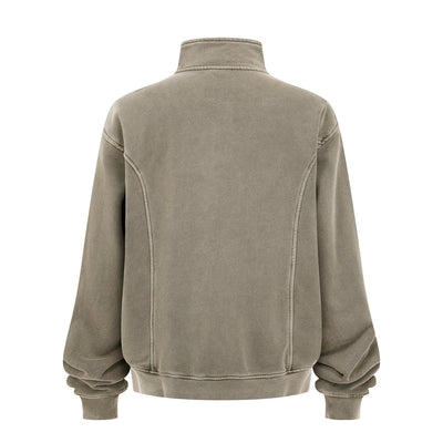 Stand Collar Panel Detail Washed Zip Up Sweatshirt