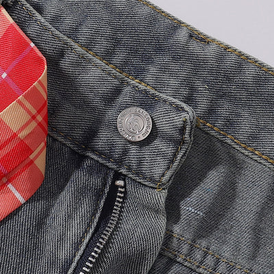 Plaid Trim Star Patched Wide Leg Denim Jeans