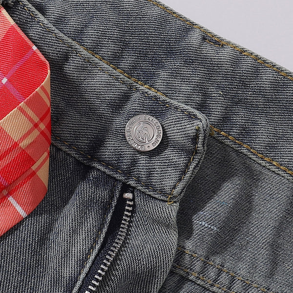 Plaid Trim Star Patched Wide Leg Denim Jeans