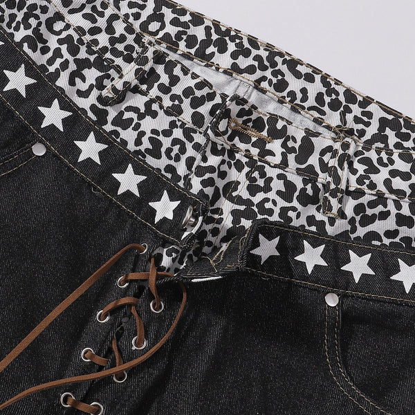 Star Pattern Lace Up High Waist Denim Jeans