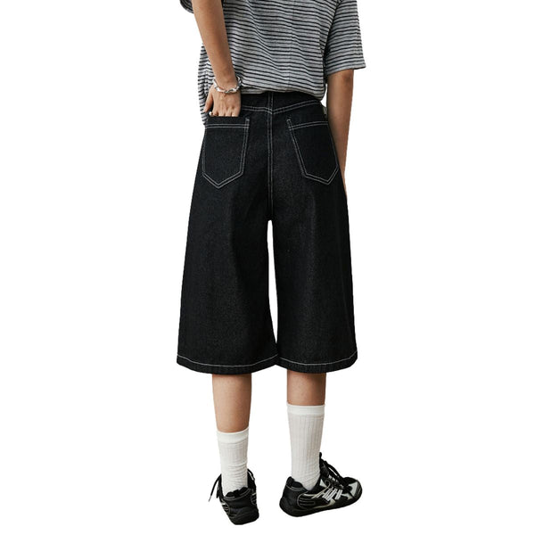 Button Fly Raw Black Denim Shorts