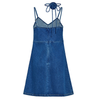 Strappy Denim Mini Dress with Rose Tie Neck