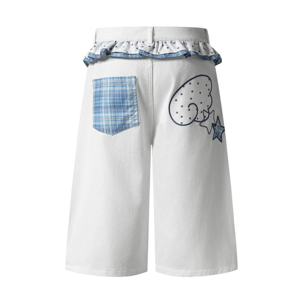 Washed Star Print Ruffle Waist Plaid Relaxed Bermuda Shorts