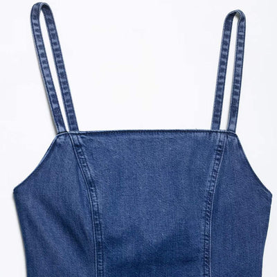 Square Neck Strappy Denim Maxi Dress