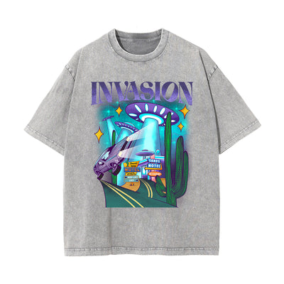 Invasion Washed Cartoon Graphic Tee-INNBLAC