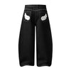 Retro Contrast Heart & Wings Patchwork High Rise Loose Draped Denim Jeans