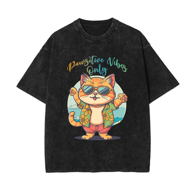 Cute Cat Stone Wash Graphic Tee-INNBLAC