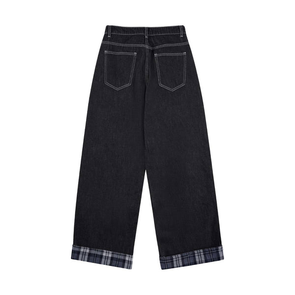 Contrast Stitch Black Wide-Leg Jeans