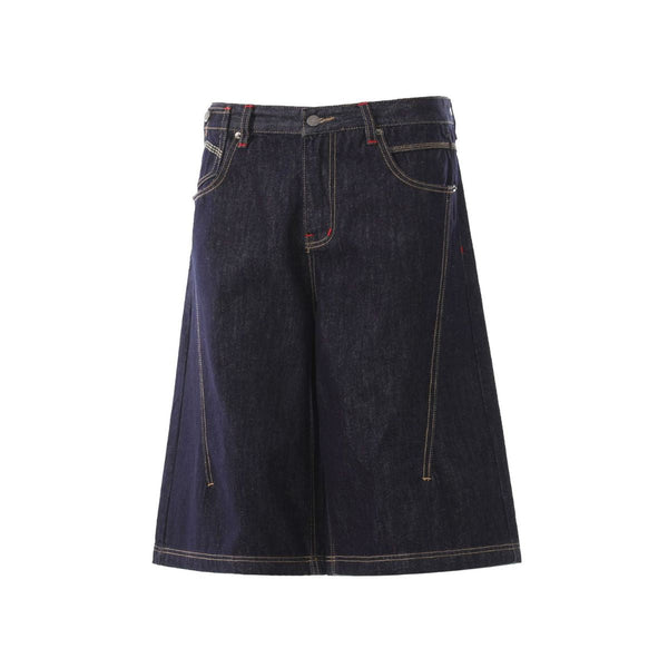 Deconstructed Embroidered Raw Denim Bermuda Shorts