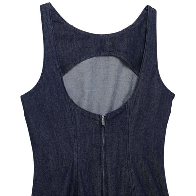 Low-Cut Back Ruffle Mini Denim Dress