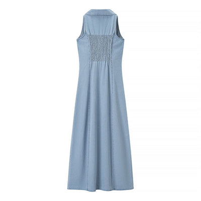 Light Blue Button-Front Denim Maxi Dress