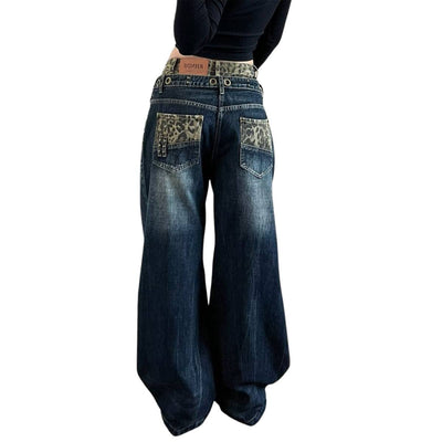 Vintage Washed Double-Waist Wide-Leg Denim Jeans