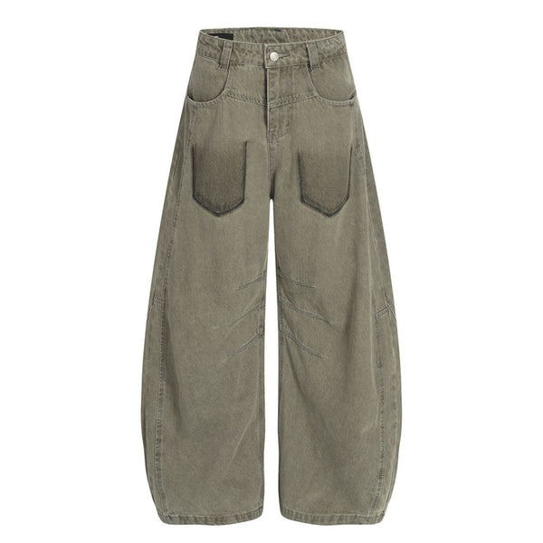 Men's American Street Curved Pants Washed Distressed Loose Wide Leg