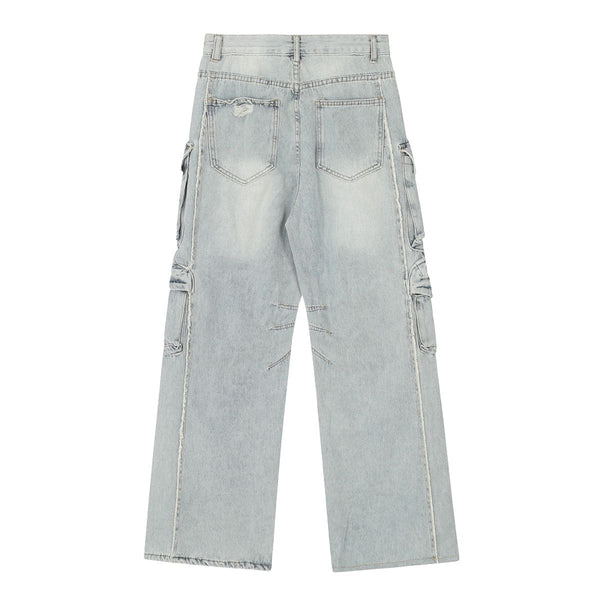 Men's Cargo Denim Pants Wide Leg Distressed Punk Street Unique