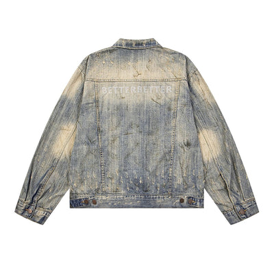 Distressed Washed Slub Denim Jacket with Dirty Dye