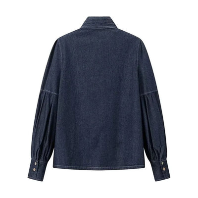Stand-up Collar Bow Denim Blouse