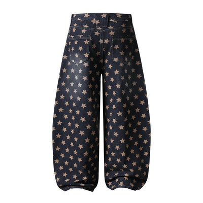 Vintage Star Print Loose Wide-Leg Denim Pants