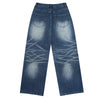 Deep Blue Washed Cat Whisker A-Line Straight Baggy Denim Jeans