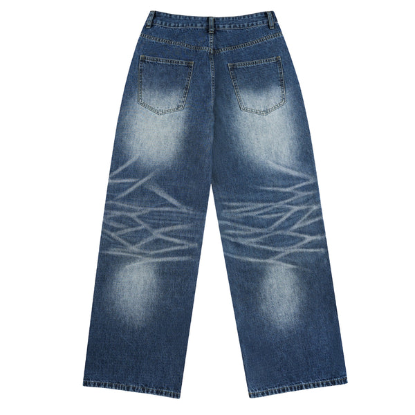 Deep Blue Washed Cat Whisker A-Line Straight Baggy Denim Jeans