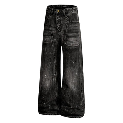Men's Distressed Washed Denim Wide Leg Pants Punk Paint Splatter