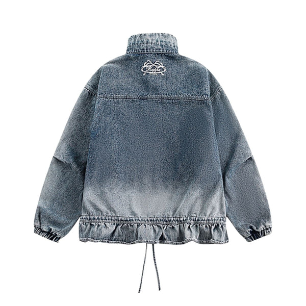 Heavyweight American Washed Distressed Denim Jacket with Flouncing