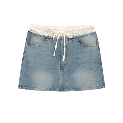 Double Waistband Washed Denim Mini Skirt