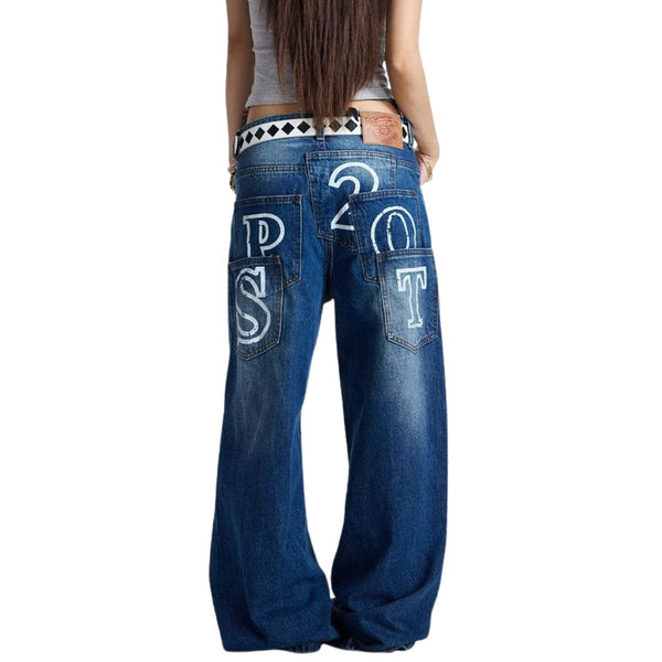 Washed Graphic Patchwork Wide Leg Denim Jeans